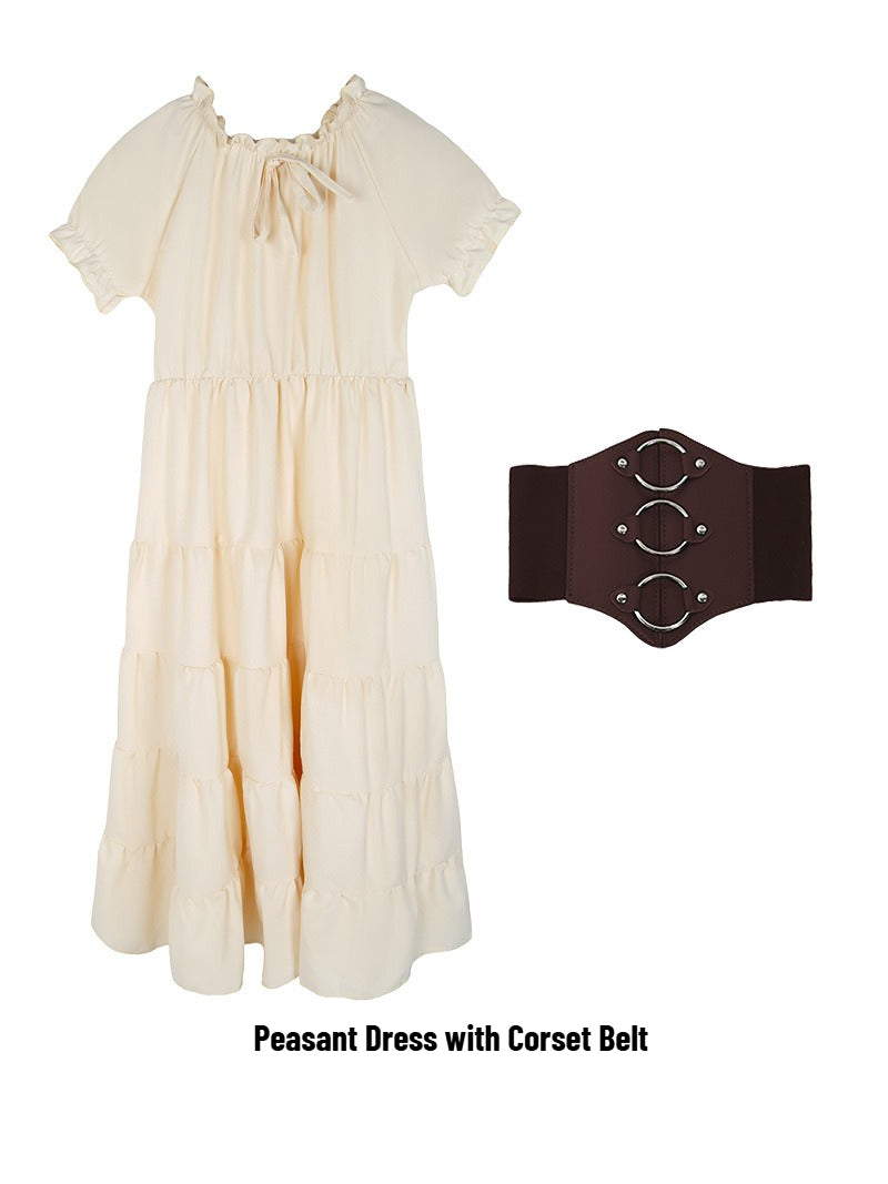 Girls Medieval Renaissance Peasant Dress – Village Girl Costume with Corset Belt