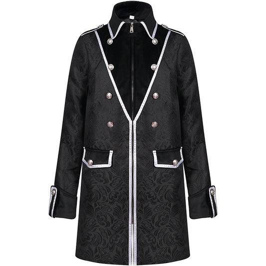 Medieval Men's Fashion Retro Coat with Stand Collar and Brocade Design Velvet Jacket