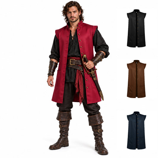 Medieval Renaissance Sleeveless Long Vest – Pirate Fantasy Costume Waistcoat