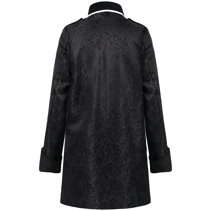 Medieval Men's Fashion Retro Coat with Stand Collar and Brocade Design Velvet Jacket