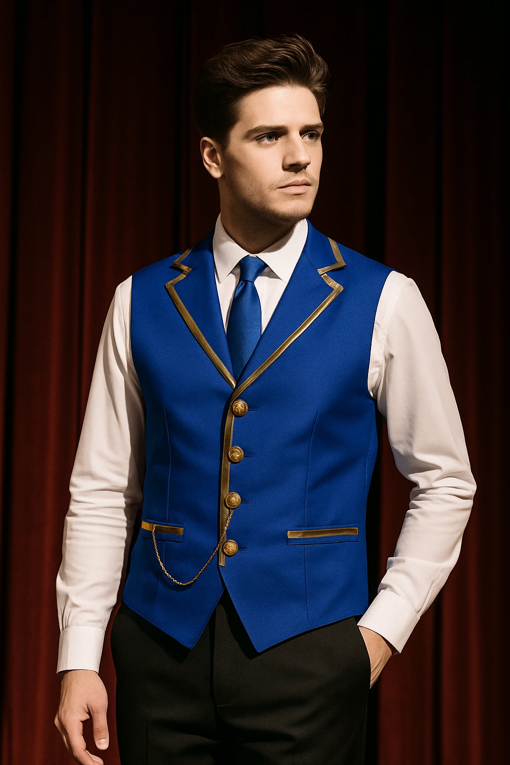 Men’s Fashion Chain Suit Vest – Stage Costume Waistcoat with Gold Trim Buttons