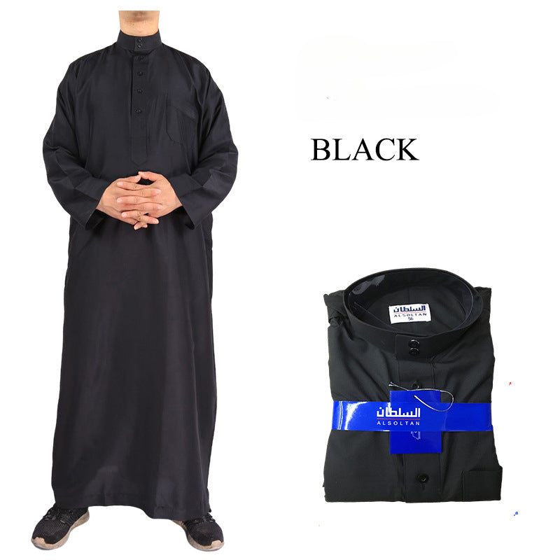 Mens Muslim Clothing Saudi Arab Long Sleeve Thobe Islamic Jubba Kaftan Long Robe Black