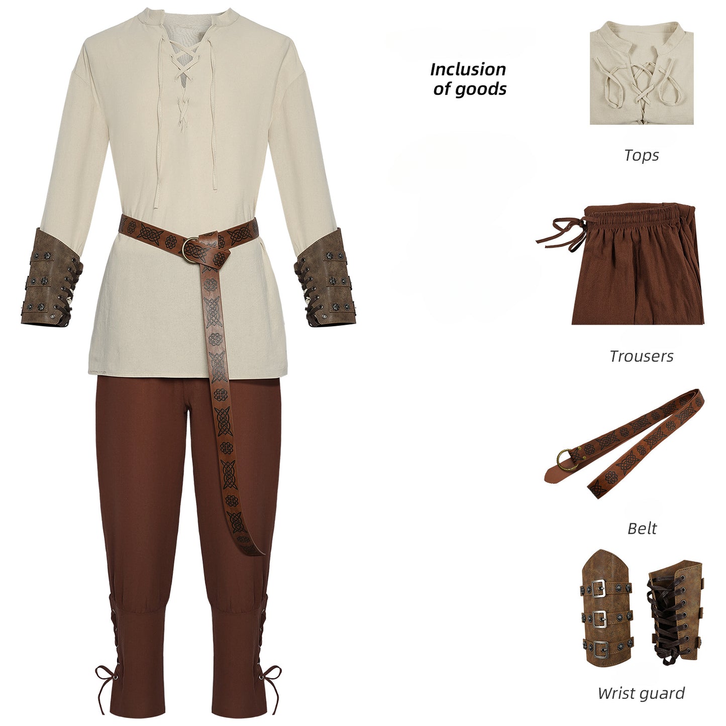 4 Pcs Halloween Men's Renaissance Costume Set Medieval Pirate Shirt Ankle Banded Pants Viking Belt Accessories