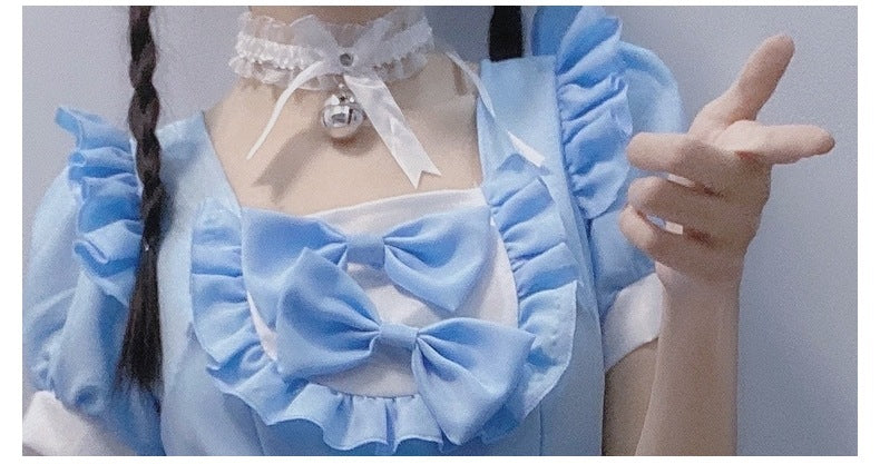 Japanese Anime Sexy Cream Sweetheart Maid Dress & Blue Pure Lolita Dress Full Set