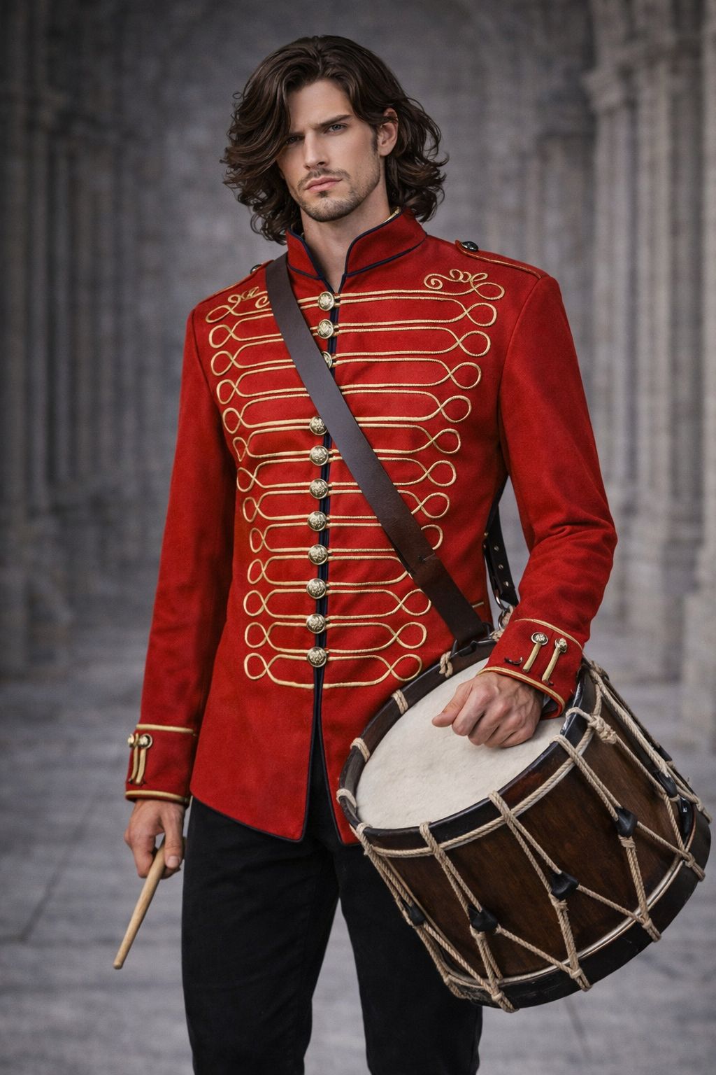 Mens Steampunk Drummer Costume Gothic Medieval Military Band Cosplay Outfit