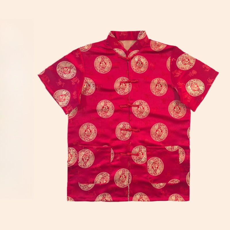 Chinese Traditional Red Tang Suit Top Mens Kung Fu Wedding Banquet Shirt