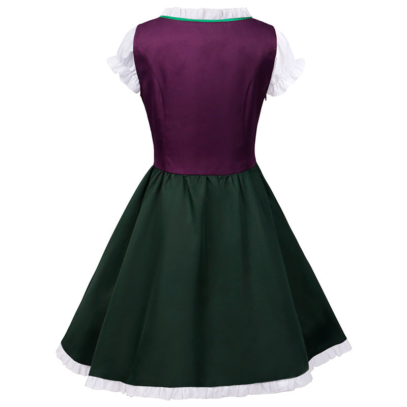 Women Dirndl Dress Bavarian German Traditional Oktoberfest Purple Green Floral Beer Dress