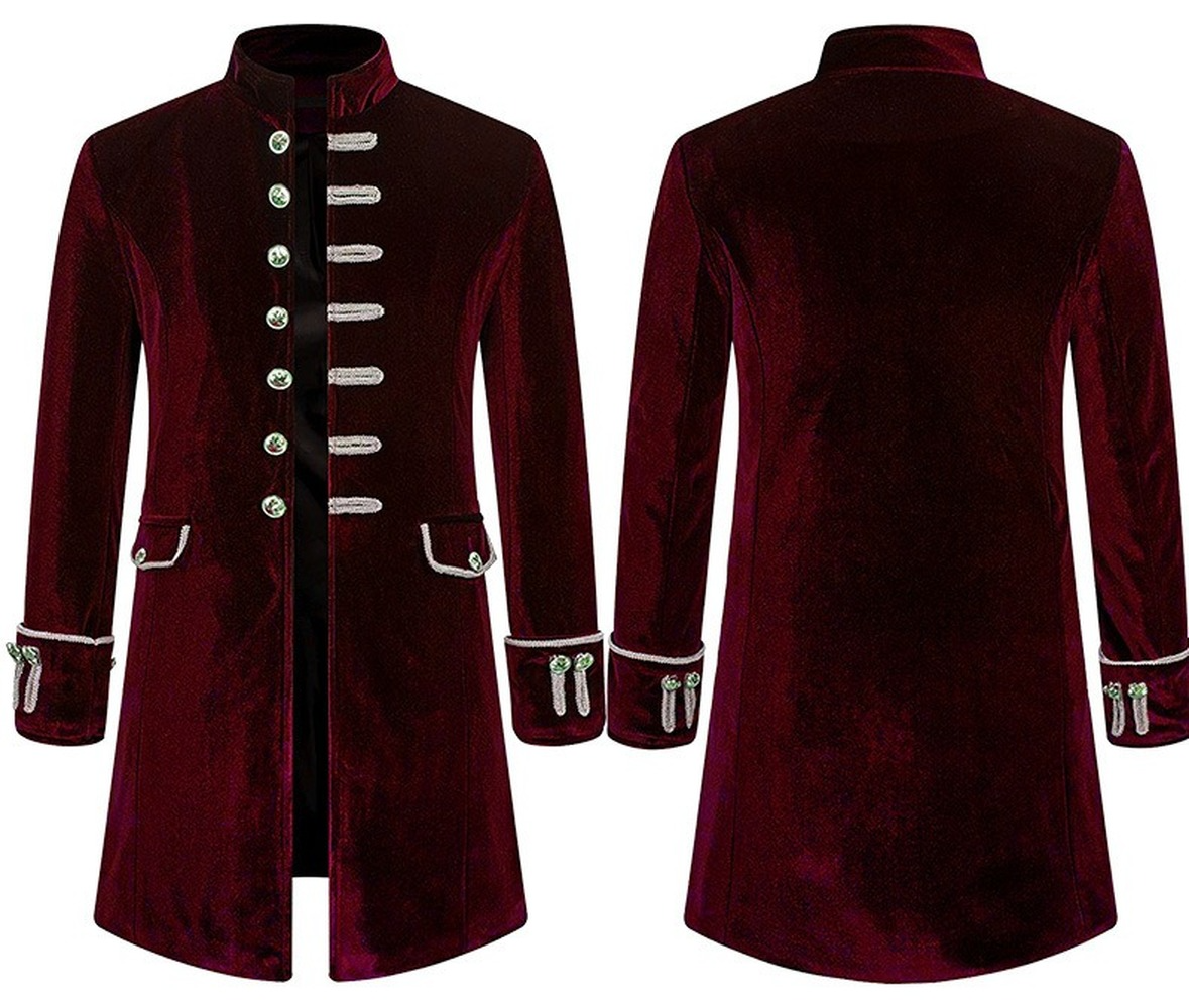 Men's Steampunk Medieval Tailcoat Jacket Gothic Victorian Frock Coat Punk Vintage Velvet Uniform Coat with Stand Collar