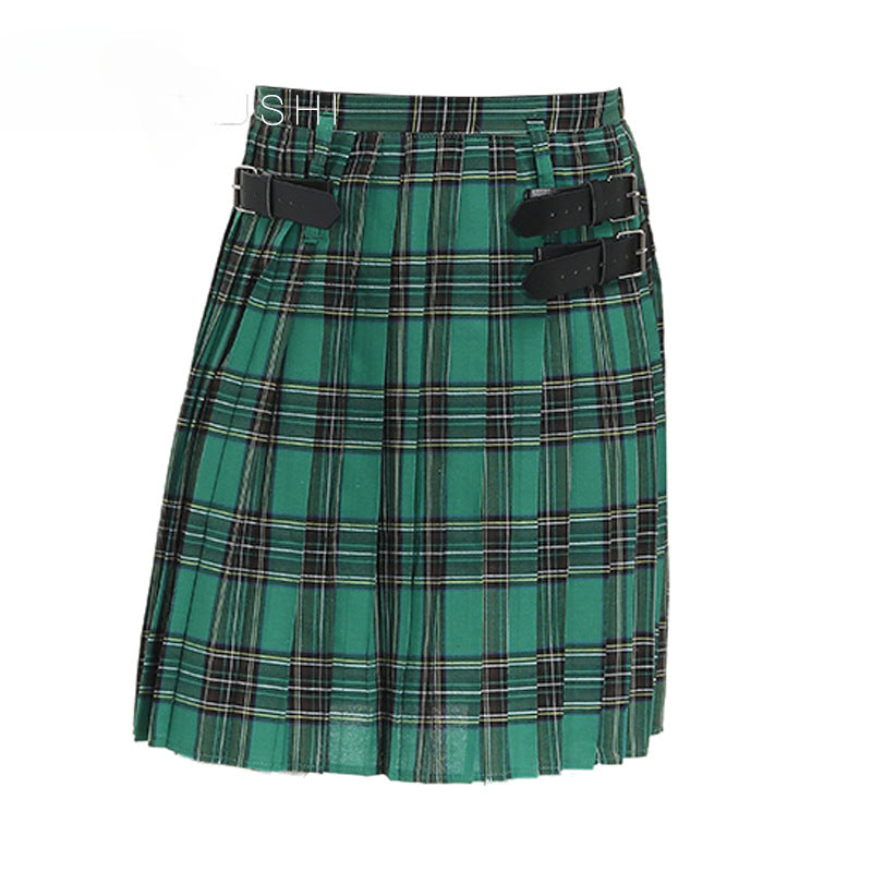 Mens Vintage Kilt Scotland Plaid Pleated Skirts Pocket Scottish Clothing Skirt