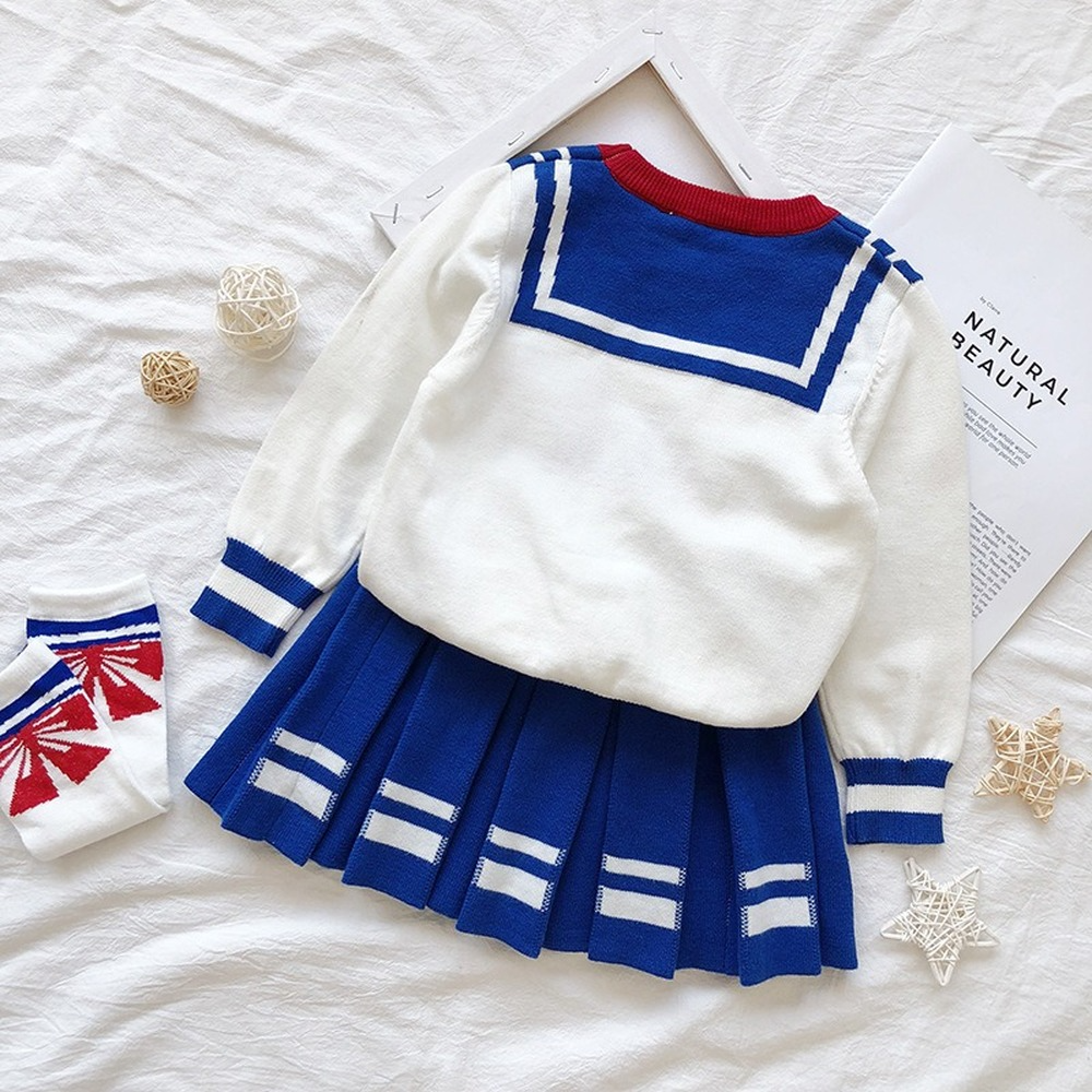 Girls Navy Sailor Costume Long Sleeve Knit School Uniform + Stockings