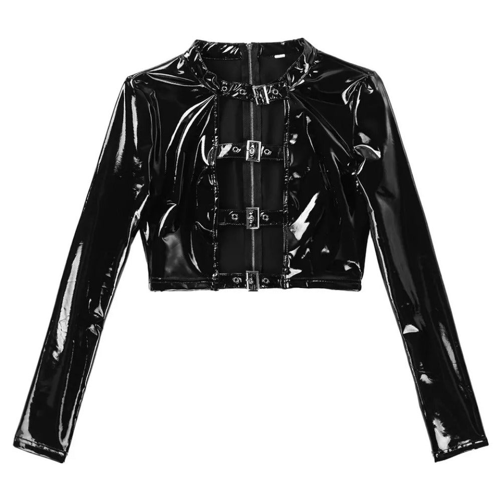 Sexy Long-Sleeved Strap Patent Leather Split Two-Piece Suit