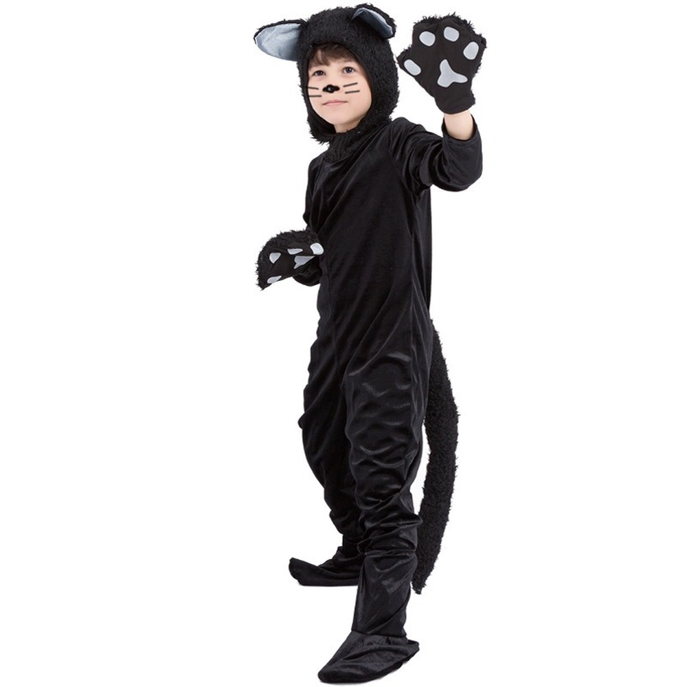 Kids Black Cat Costume Animal Zoo Party Boys Girls Jumpsuit Halloween Cosplay