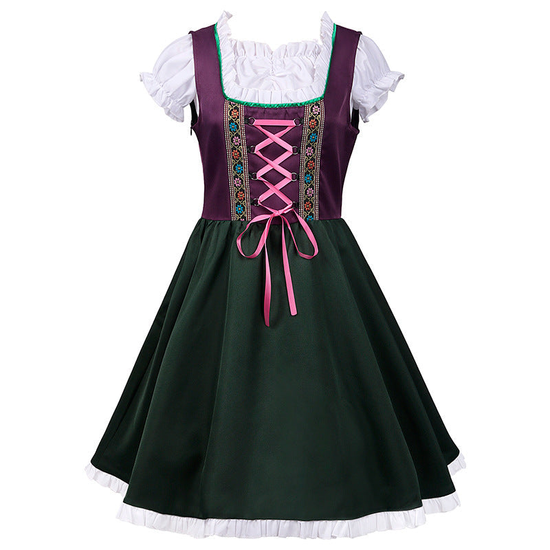 Women Dirndl Dress Bavarian German Traditional Oktoberfest Purple Green Floral Beer Dress