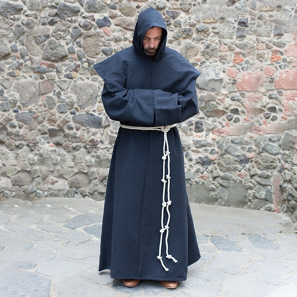 Mens Medieval Friar Hooded Robe Monk Renaissance Costume Halloween Cosplay S-4XL