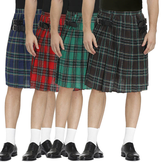 Mens Vintage Kilt Scotland Plaid Pleated Skirts Pocket Scottish Clothing Skirt