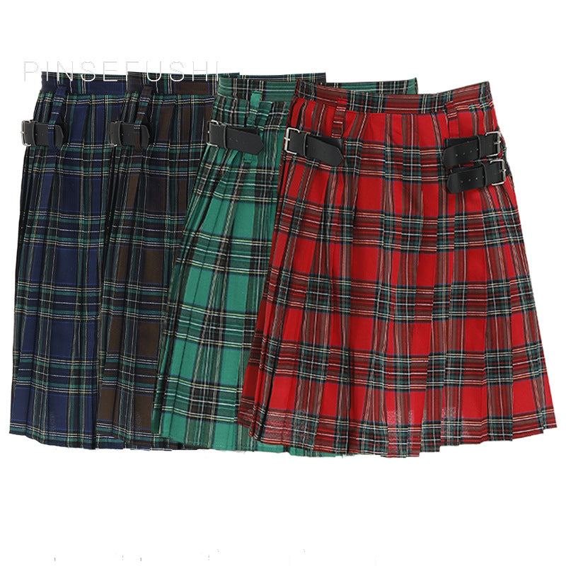 Mens Vintage Kilt Scotland Plaid Pleated Skirts Pocket Scottish Clothing Skirt