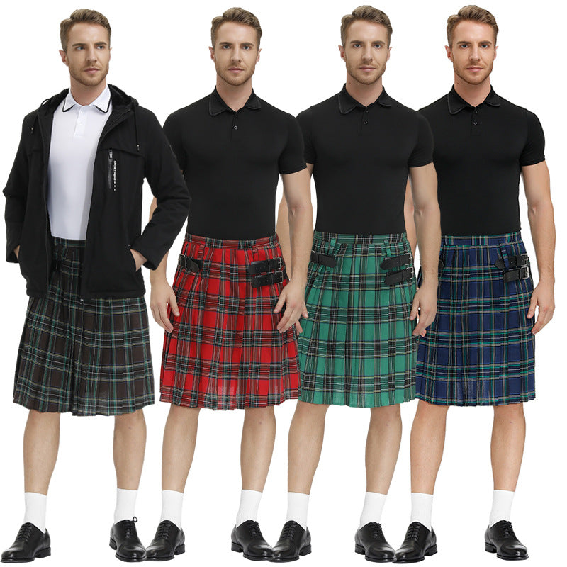 Mens Vintage Kilt Scotland Plaid Pleated Skirts Pocket Scottish Clothing Skirt