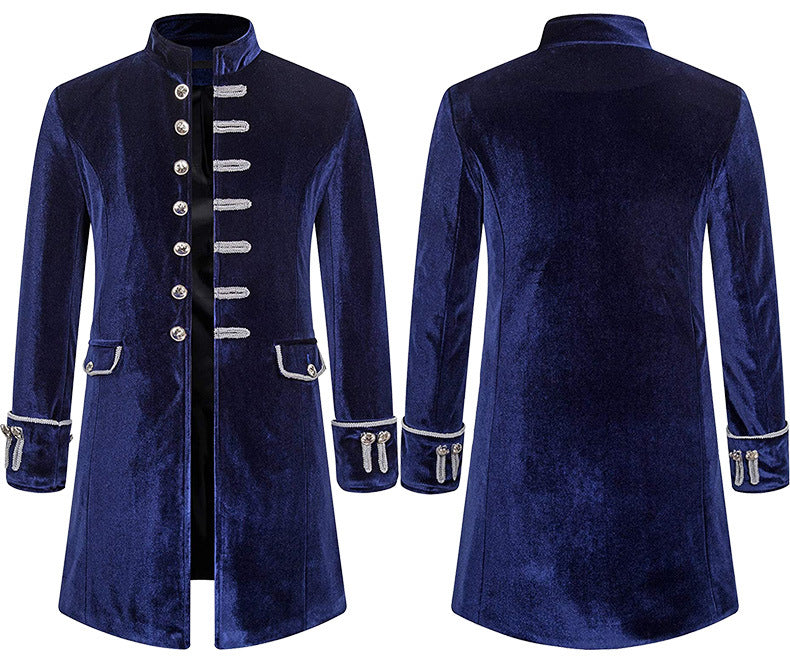 Men's Steampunk Medieval Tailcoat Jacket Gothic Victorian Frock Coat Punk Vintage Velvet Uniform Coat with Stand Collar