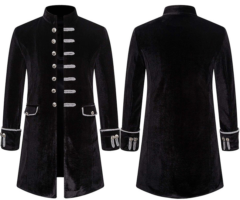 Men's Steampunk Medieval Tailcoat Jacket Gothic Victorian Frock Coat Punk Vintage Velvet Uniform Coat with Stand Collar