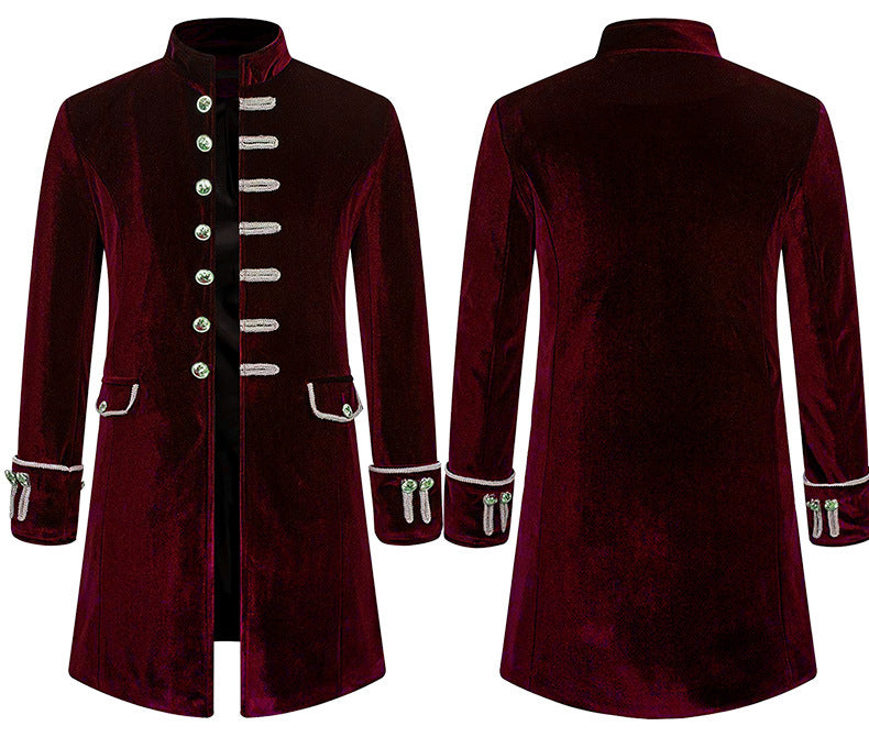 Men's Steampunk Medieval Tailcoat Jacket Gothic Victorian Frock Coat Punk Vintage Velvet Uniform Coat with Stand Collar