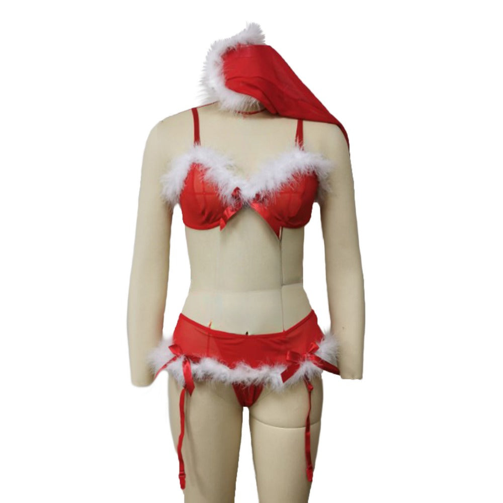 Sexy White Raw Edge Christmas Fun Underwear Xmas Lingerie Set with Santa Hat