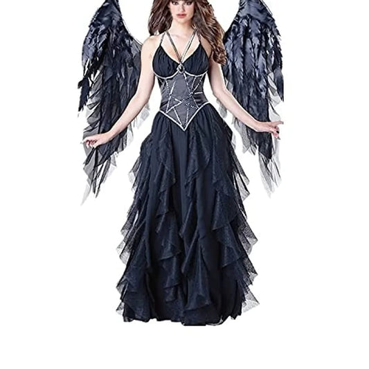 Dark Angel Costume Adult Fallen Angel Women Halloween Fancy Dress with Wings and Halo