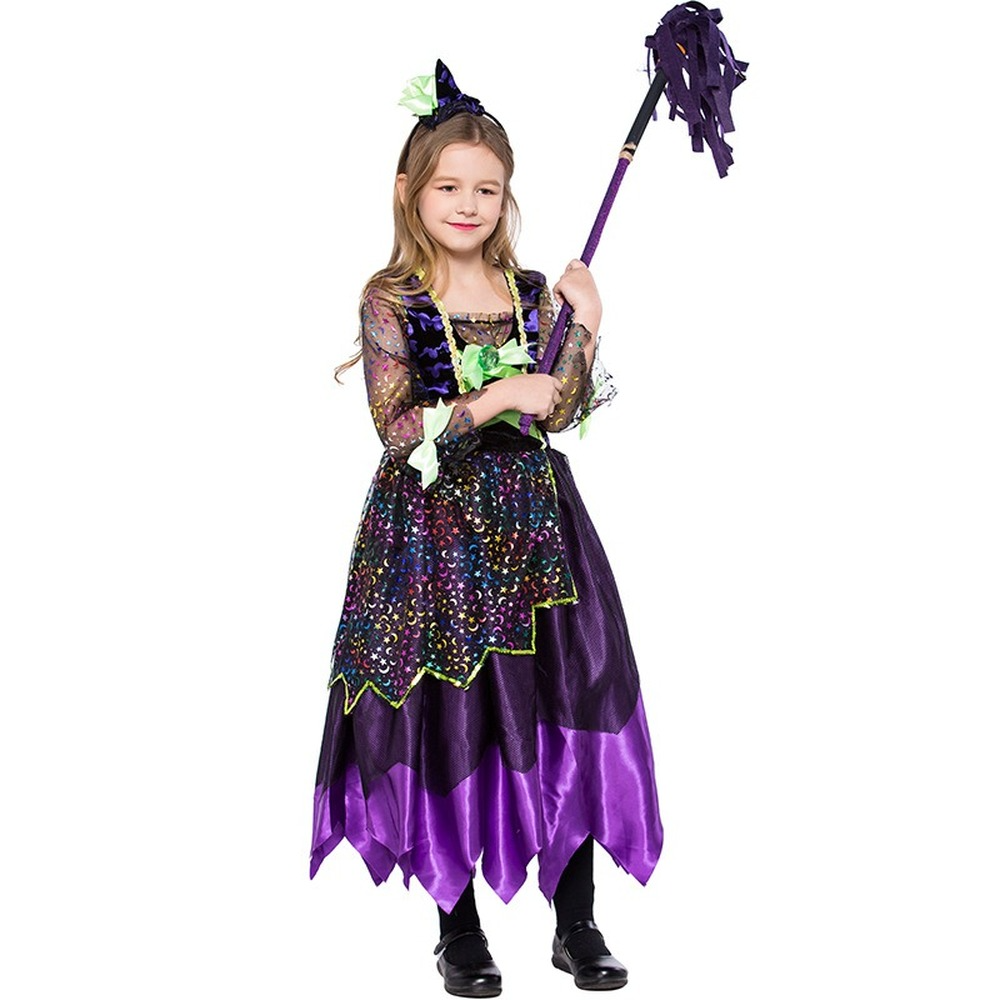 Girls Witch Costume Halloween Party Fancy Dress Kids Wizard Queen Cosplay Outfit