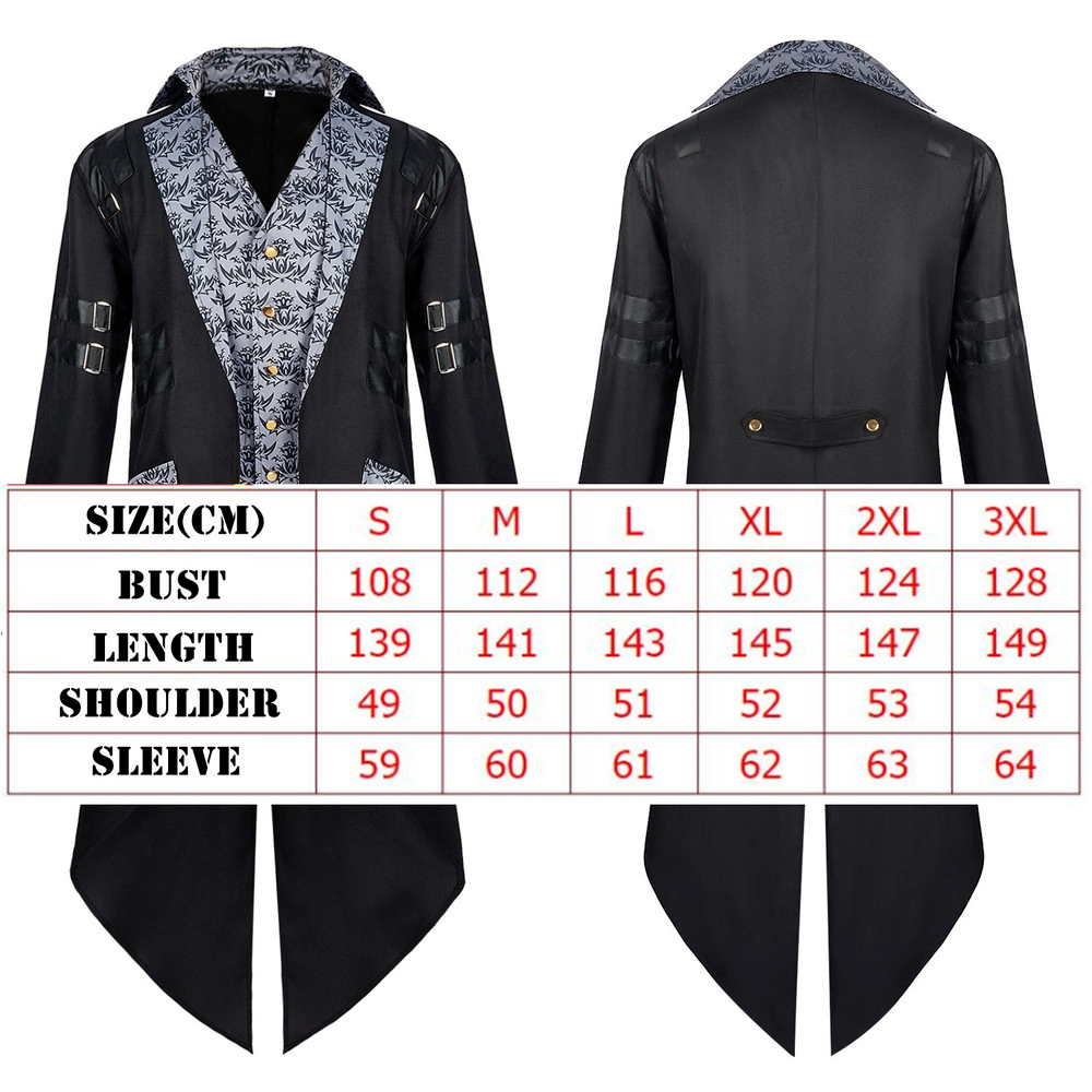 Men Medieval Gothic Jacket Coat Victorian Steampunk Tailcoat Halloween Costume