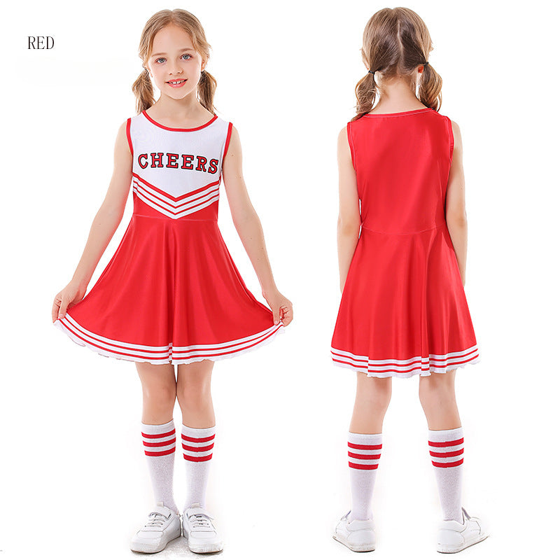 Children's Cheer Leading Uniform Five-color CHEERS Sleeveless Girls Cheerleading Full Set Skirt ,Socks, lala flowers