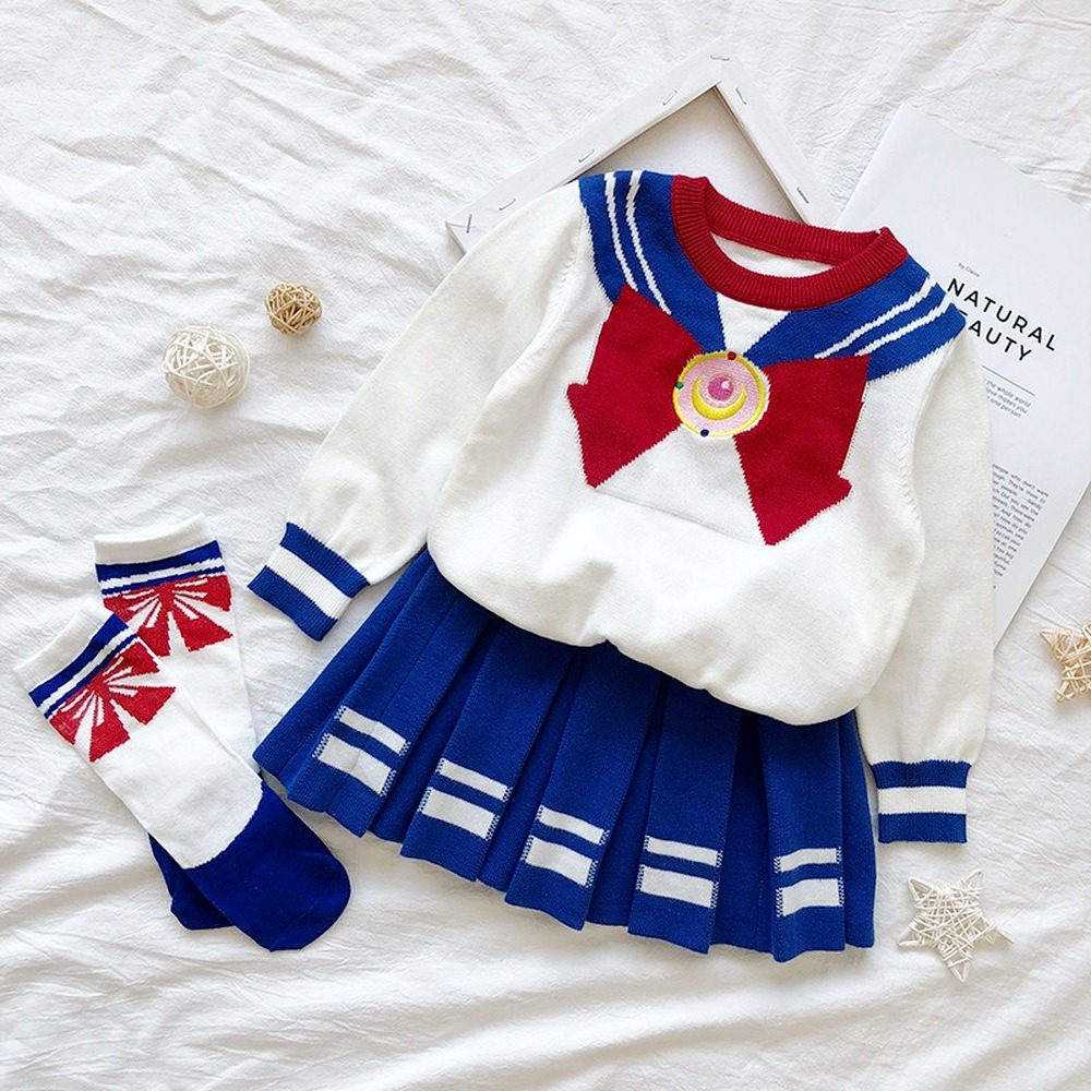 Girls Navy Sailor Costume Long Sleeve Knit School Uniform + Stockings