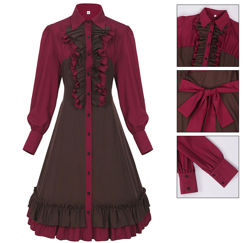 Medieval Court Dress Plus Size Shirt with Collar Ruffle Hem Vintage Skirt Shirt