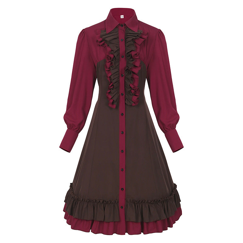 Medieval Court Dress Plus Size Shirt with Collar Ruffle Hem Vintage Skirt Shirt