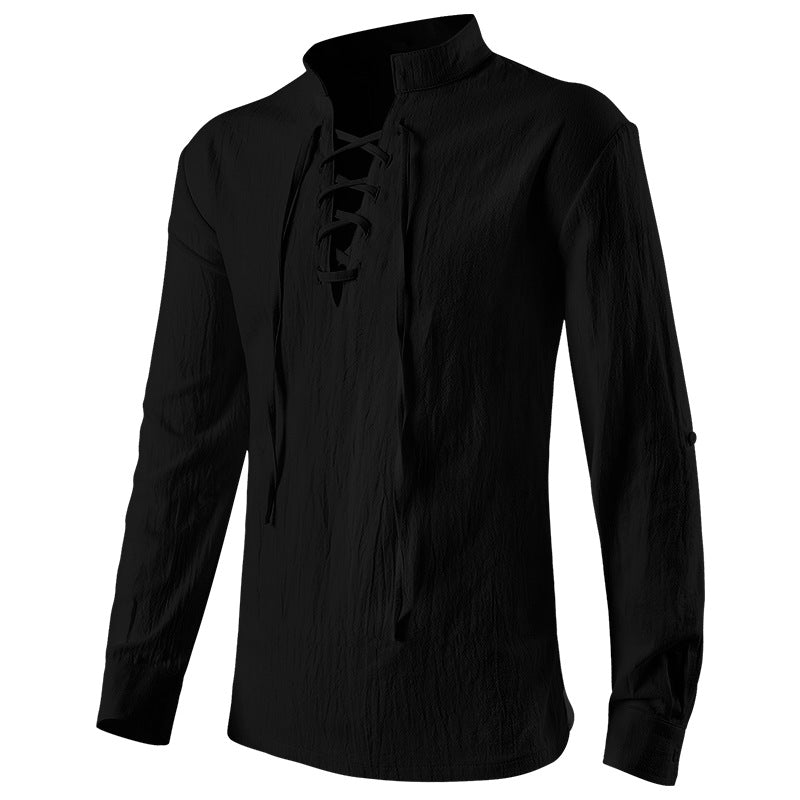 Gothic Frilled Stand Collar Long Sleeve Men's Shirt with Pleated Cuffs Pullover Shirts