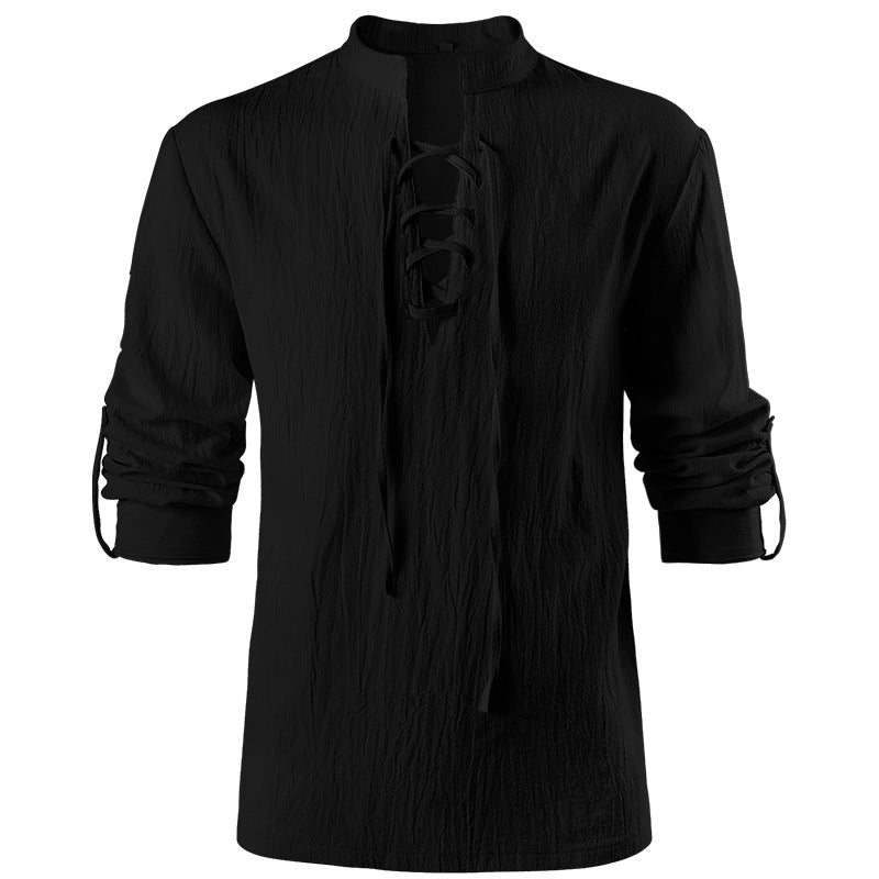 Gothic Frilled Stand Collar Long Sleeve Men's Shirt with Pleated Cuffs Pullover Shirts