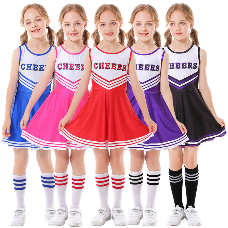 Children's Cheer Leading Uniform Five-color CHEERS Sleeveless Girls Cheerleading Full Set Skirt ,Socks, lala flowers