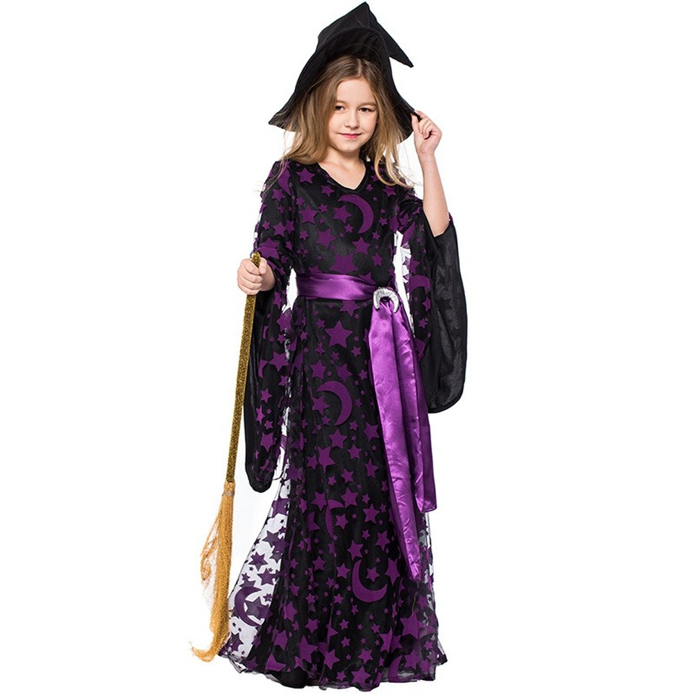 Girls Witch Costume Halloween Party Kids Deluxe Wizard Queen Fancy Dress Outfit