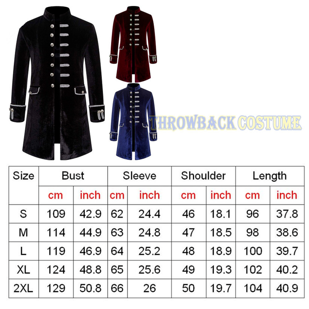 Men's Steampunk Medieval Tailcoat Jacket Gothic Victorian Frock Coat Punk Vintage Velvet Uniform Coat with Stand Collar