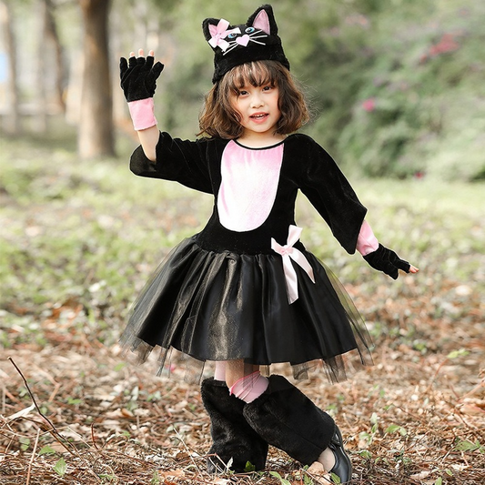 Girls Black Cat Costume Animal Zoo Party Kids Halloween Full Set Fancy Dress