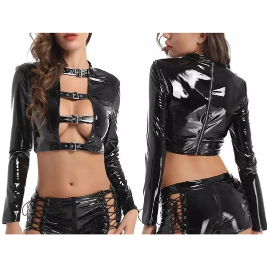 Sexy Long-Sleeved Strap Patent Leather Split Two-Piece Suit