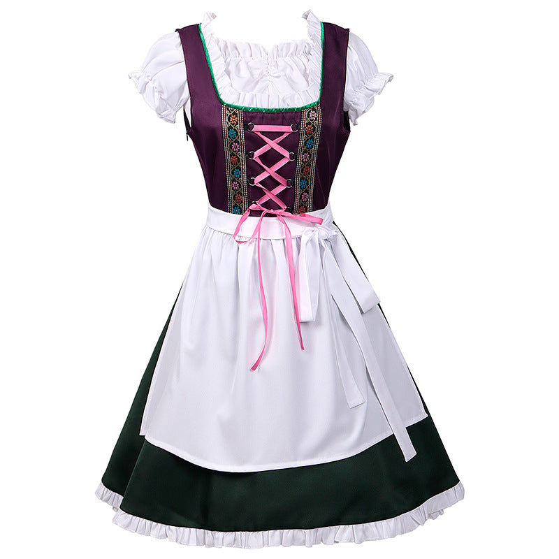 Women Dirndl Dress Bavarian German Traditional Oktoberfest Purple Green Floral Beer Dress