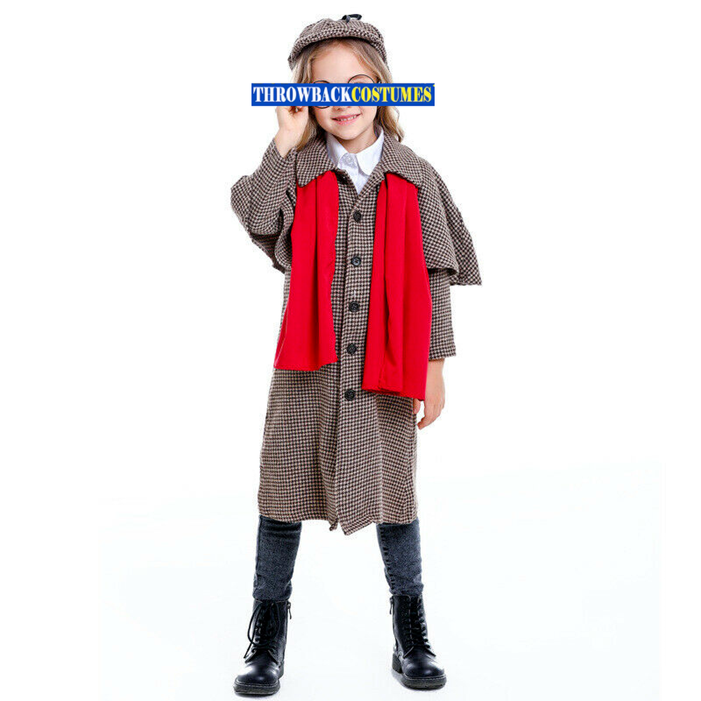 Child Detective Costume Boys Girls Book Week Cosplay Coat + Hat + Glasses