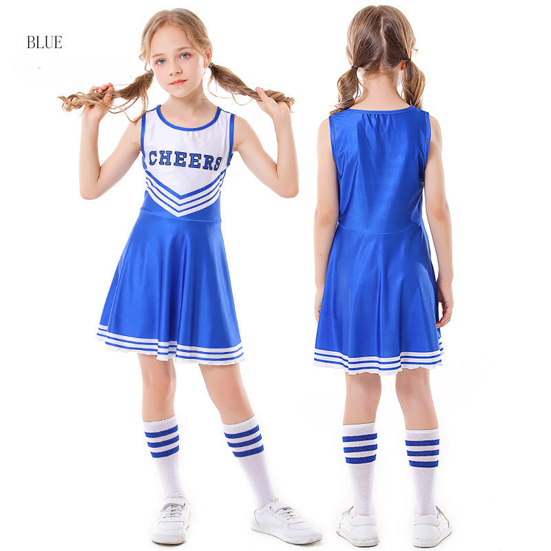 Children's Cheer Leading Uniform Five-color CHEERS Sleeveless Girls Cheerleading Full Set Skirt ,Socks, lala flowers