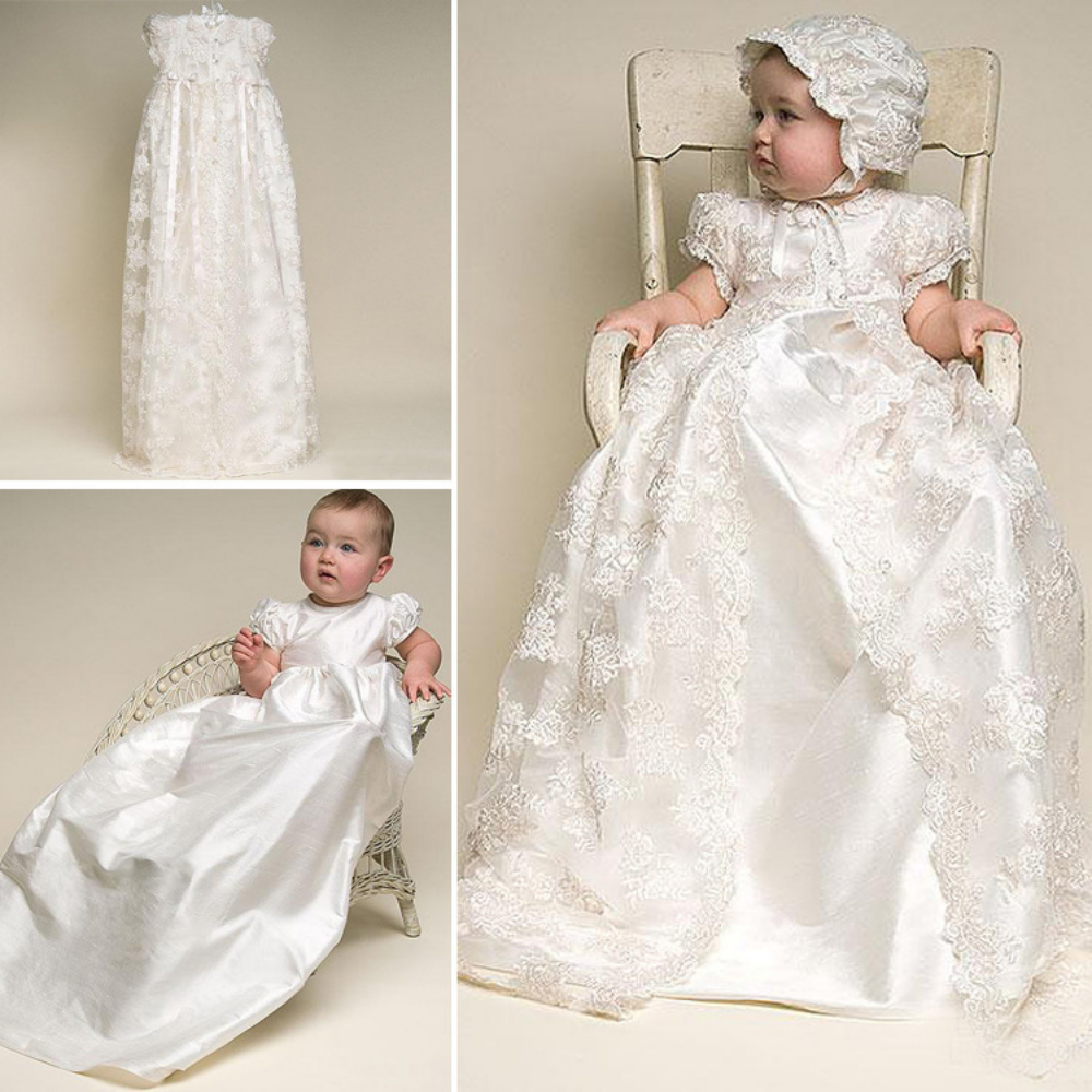 Luxury 3PCS Lace Long Baby Baptism Christening Gown Blessing Dress + Bonnet