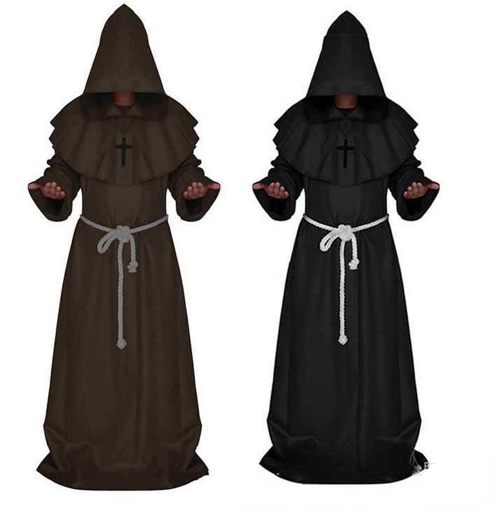 Men Medieval Friar Hooded Robe Monk Cross Necklace Renaissance Halloween Costume